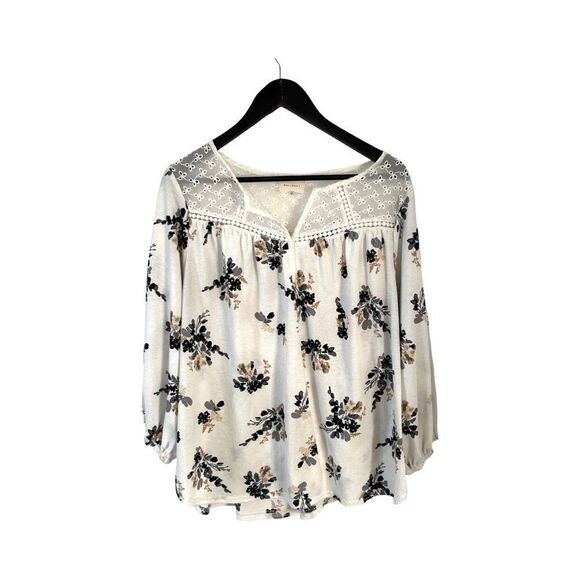 Melloday White Floral Pattern Eyelet Boho Peasant Long Sleeve Spilt Vneck Blouse - Picture 1 of 8